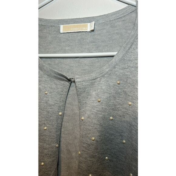 CHRISTINA Womens Open Front Gray Cardigan Sweater Pearls Preppy Basic Large - Picture 3 of 6